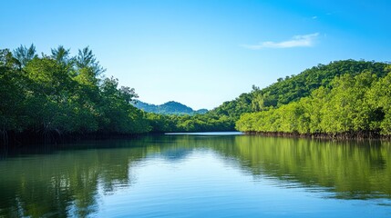 Obraz premium A serene river delta with winding waterways meandering through lush green vegetation, with reflective water and peaceful surroundings under a clear blue sky