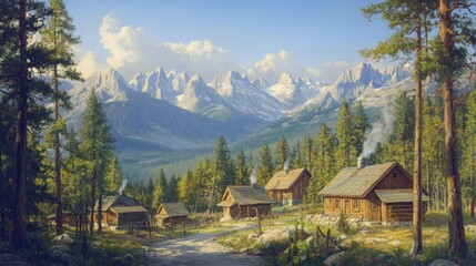 A serene rural scene showing rustic cabins in a mountain village, nestled under the shade of tall trees with distant mountains and a clear sky above