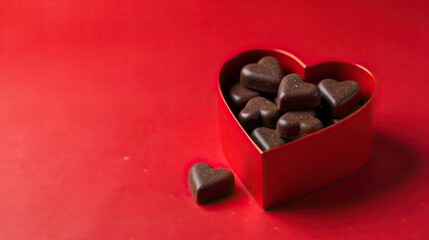 A heartfelt collection of dark chocolate candies nestled within a vibrant red heart-shaped box, perfect for a romantic gesture