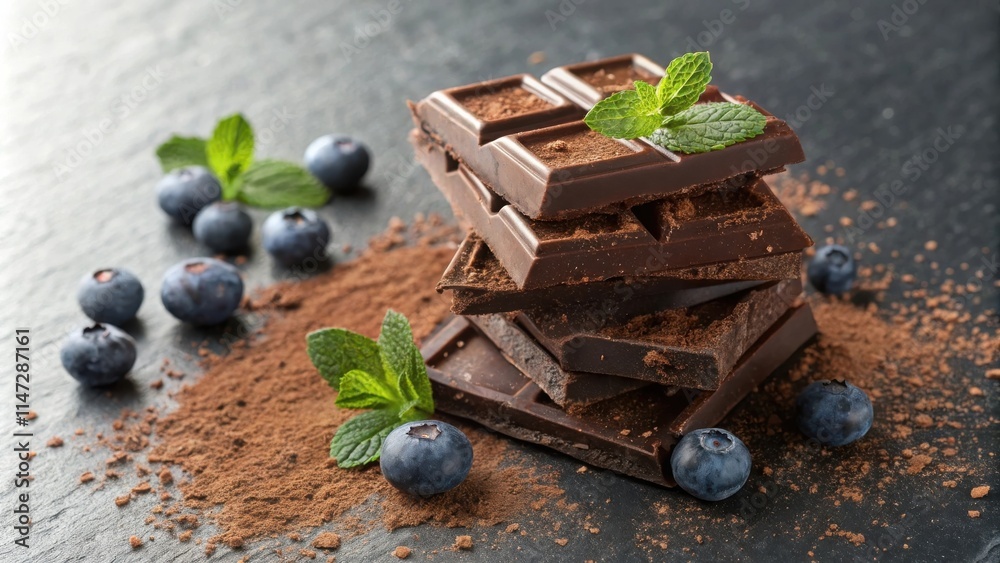 Poster A stack of dark chocolate squares dusted with cocoa powder and adorned with fresh mint leaves rests on a dark surface alongside a scattering of plump blueberries.