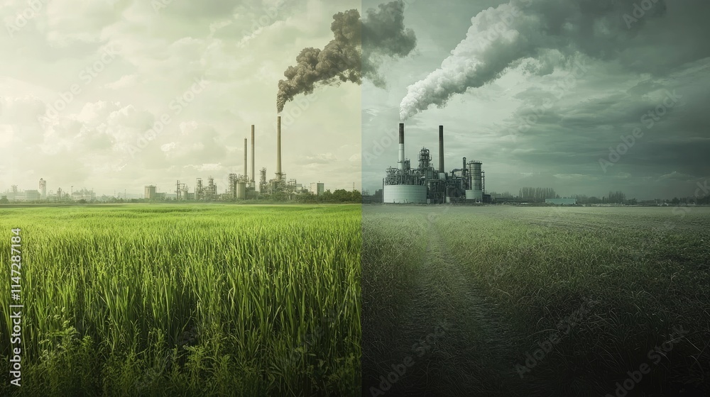 Poster a side-by-side visual of a green, flourishing landscape with pure air and a polluting factory, empha