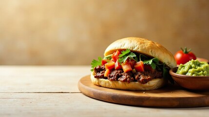 Savory Ground Meat Sandwich with Fresh Tomato and Herb Garnish, Served with Creamy Guacamole on Rustic Wooden Board