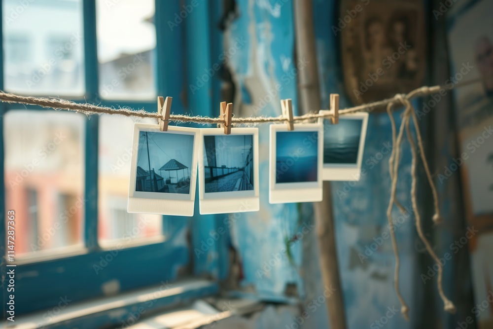Aufkleber Polaroid photos hanging on a string by clothespins with empty background space for creative designs. Generative AI