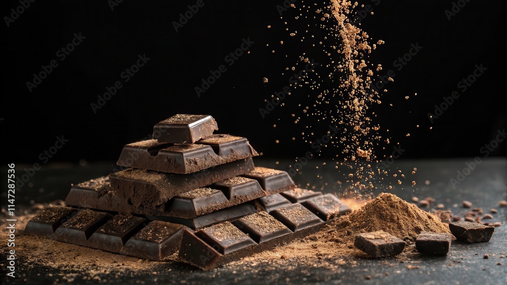 Poster A pyramid of stacked chocolate bars dusted with cocoa powder, a cascade of cocoa powder falling around it, creating a delicious chocolatey scene.