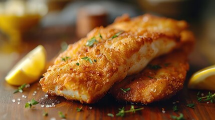 A close-up view of cooked fish with seasonings and a slice of lemon on a wooden board.
