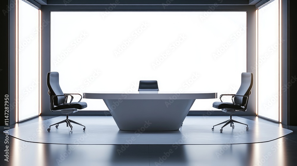 Poster a stylish news studio with a white table and black chairs, against a blank white led screen, creatin