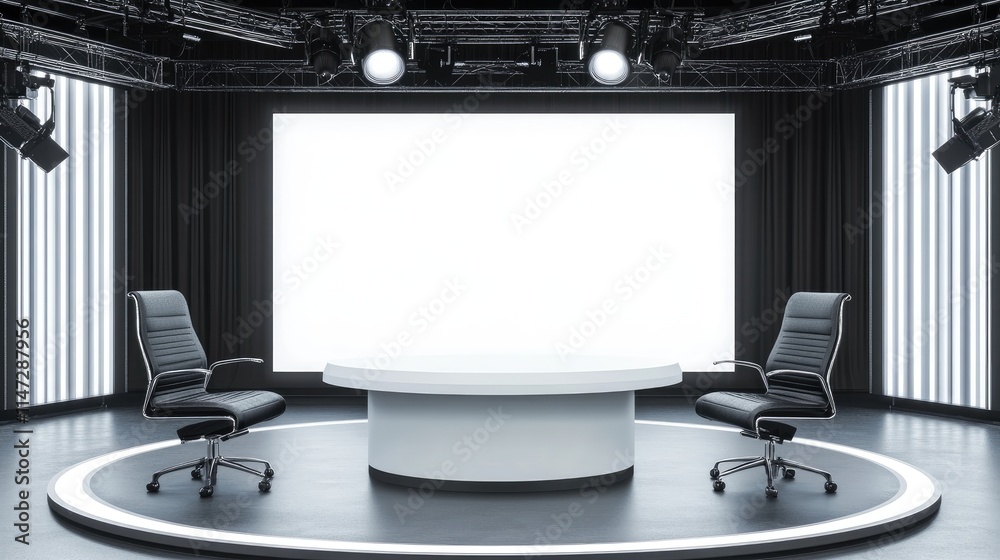 Poster a stylish news studio with a white table and black chairs, against a blank white led screen, creatin
