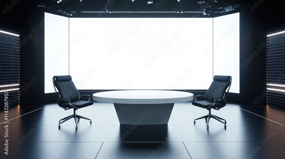 Poster a stylish news studio with a white table and black chairs, against a blank white led screen, creatin