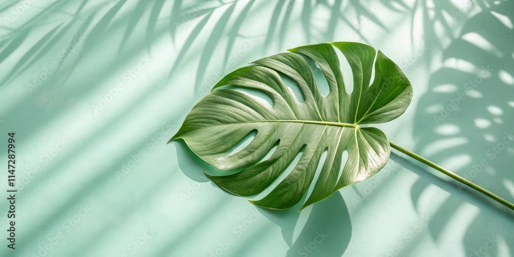 Poster A single green leaf with intricate veins casts delicate shadows on a muted green background, creating a simple yet elegant botanical still life.