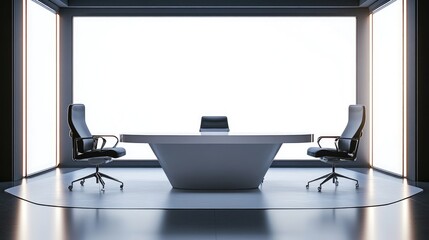 A stylish news studio with a white table and black chairs, against a blank white LED screen, creating a professional and neutral backdrop for a television interview or broadcast