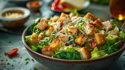 A fresh garden salad with shredded chicken and croutons.