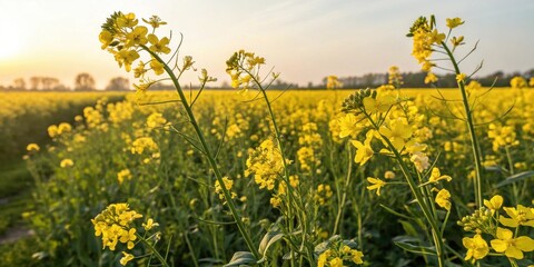 Obraz premium Close-up of vibrant yellow flowers with soft background of a golden sunset over a field
