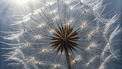Naklejka premium A delicate dandelion seed head, backlit by the sun, reveals intricate details of its feathery structure