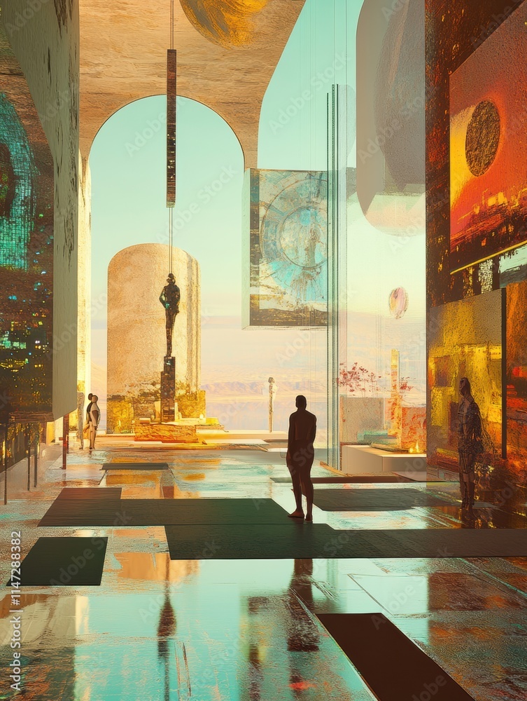 Aufkleber Visitors wander through a lively digital gallery, surrounded by captivating virtual artworks and animated avatars, immersed in creativity. Generative AI