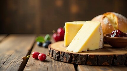 A delectable arrangement of creamy cheese, sweet berry preserves, and rustic bread, presented on a natural wood platter.