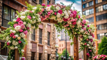 Fototapeta premium Rustic urban arch, white and pink blooms, creates a dreamy outdoor wedding backdrop.