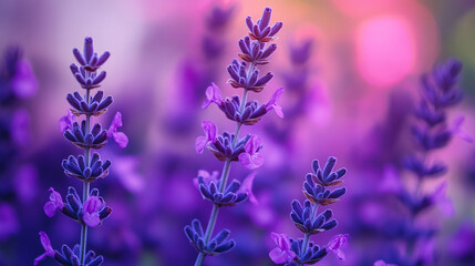 Obraz premium Lavender flowers in vibrant bloom during sunset in a serene garden setting. 