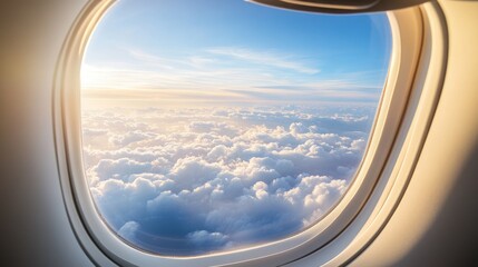A view from an airplane window showing fluffy white clouds stretching across the sky, with a clear blue background and soft sunlight filtering through