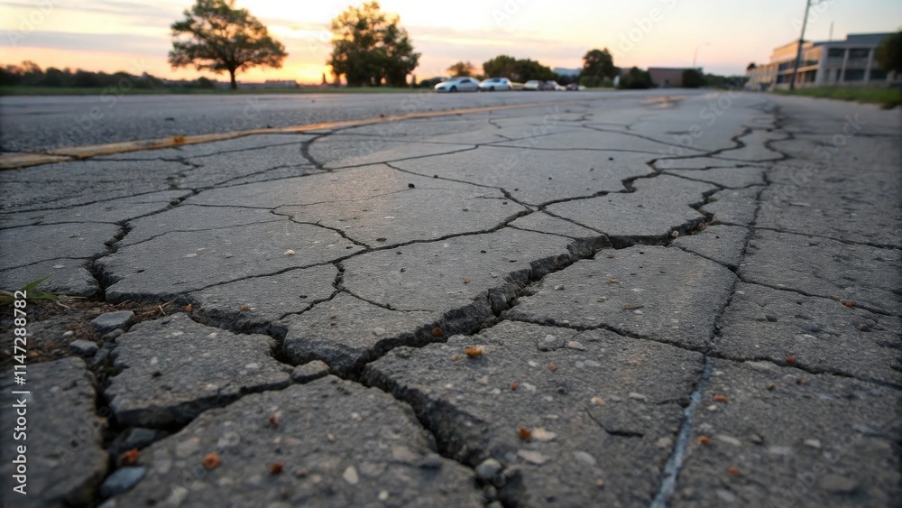 Poster a close-up view of a cracked asphalt road, revealing the underlying layers and texture of the paveme