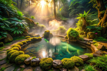 serene mineral spring surrounded by lush greenery and mist, illuminated by sunlight filtering through trees, creating tranquil atmosphere