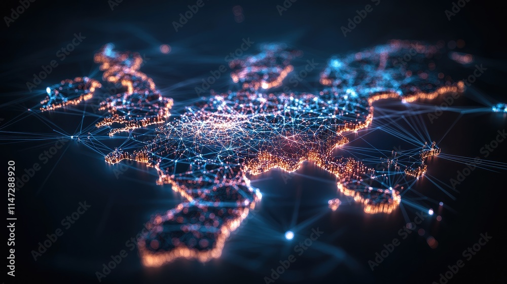 Poster Abstract concept of Germany map in wireframe, with glowing digital lines connecting cities and networks, representing global communication and technology
