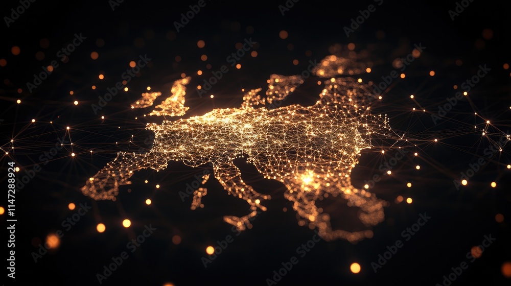Poster Abstract concept of Germany map in wireframe, with glowing digital lines connecting cities and networks, representing global communication and technology