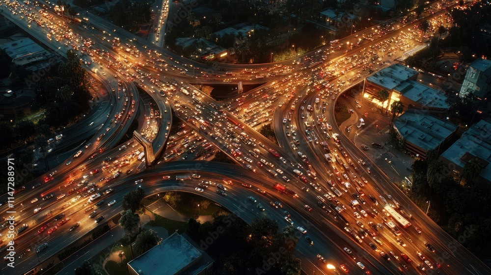 Poster aerial view of a busy highway intersection at night, with glowing streetlights and vehicles moving i