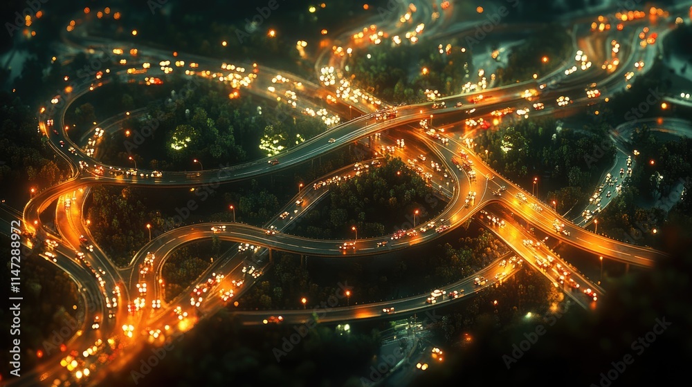Poster aerial view of a busy highway intersection at night, with glowing streetlights and vehicles moving i