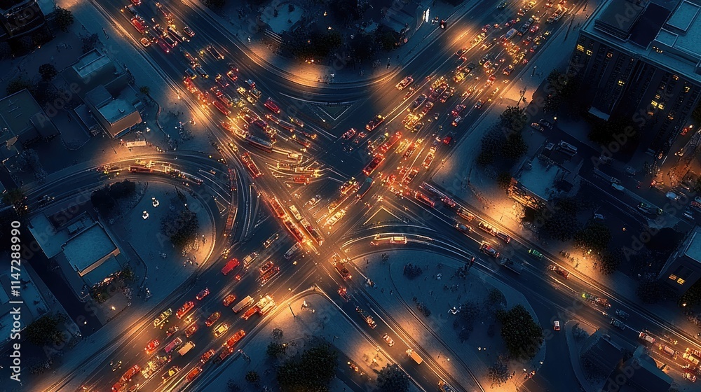 Poster aerial view of a busy highway intersection at night, with glowing streetlights and vehicles moving i