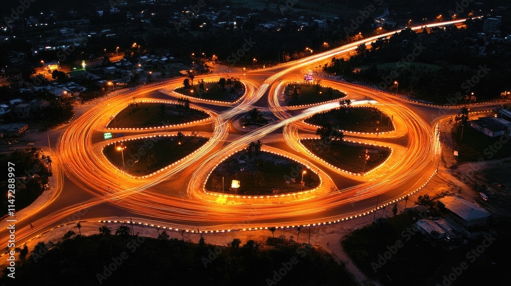 Aufkleber Aerial view of a complex highway intersection illuminated at night, with light trails from moving vehicles creating a vibrant network of roads and lanes