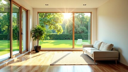 Fototapeta premium Serene Living Room with Expansive Garden View and Sunlight Streaming Through Large Windows