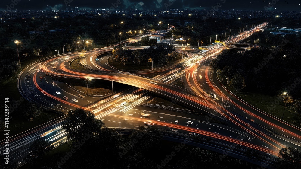 Poster an aerial view of a complex highway intersection at night, with streaks of car lights, urban lights 