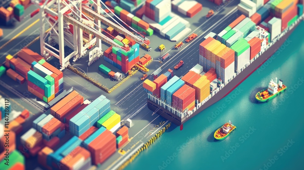 Poster an aerial view of a logistics hub, with a cargo ship and trucks loading and unloading goods, illustr