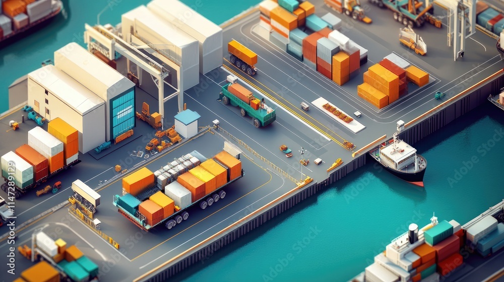 Poster an aerial view of a logistics hub, with a cargo ship and trucks loading and unloading goods, illustr