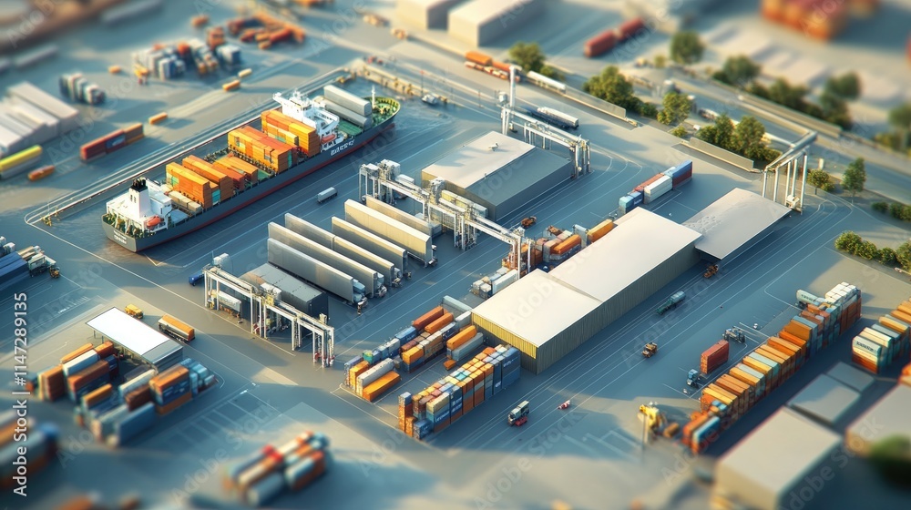 Poster an aerial view of a logistics hub, with a cargo ship and trucks loading and unloading goods, illustr