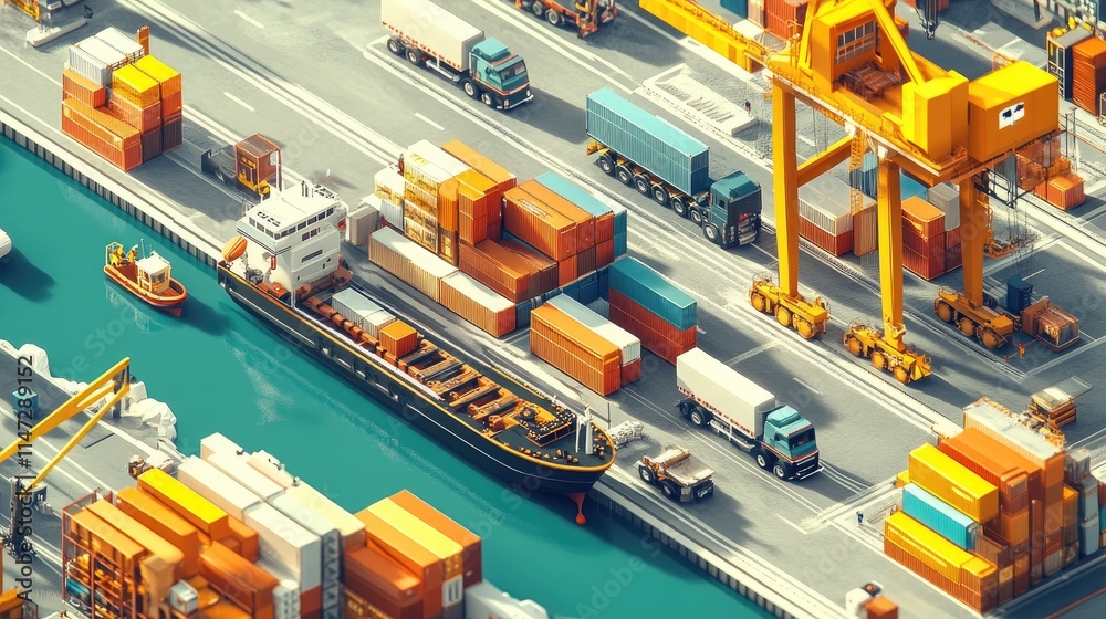 Poster an aerial view of a logistics hub, with a cargo ship and trucks loading and unloading goods, illustr