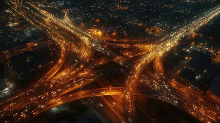 An aerial view of a complex highway intersection at night, with streaks of car lights, urban lights in the distance, and a dynamic flow of traffic