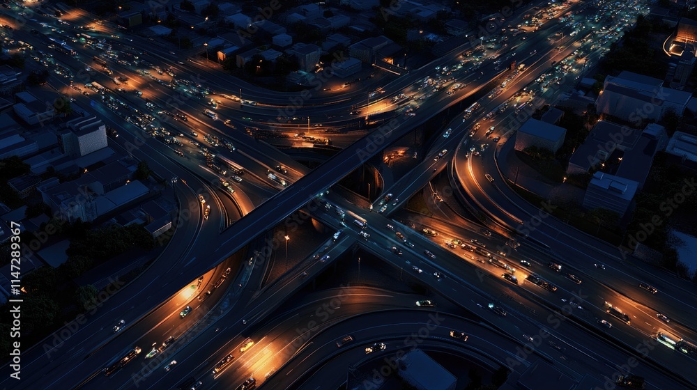 Poster An intricate highway intersection captured from above at night, with illuminated roads and vehicles creating a dynamic scene of urban transportation