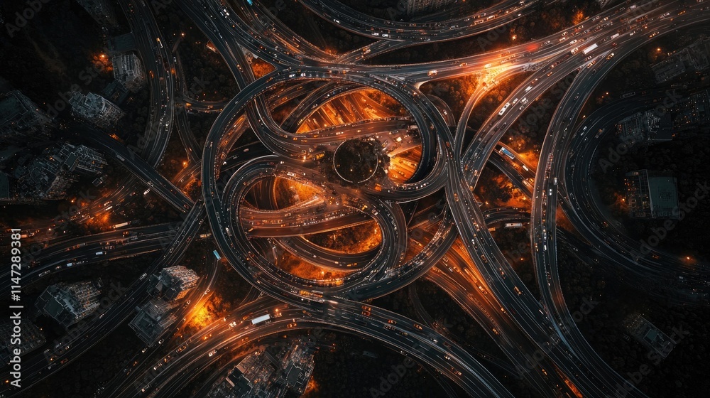 Poster An intricate highway intersection captured from above at night, with illuminated roads and vehicles creating a dynamic scene of urban transportation