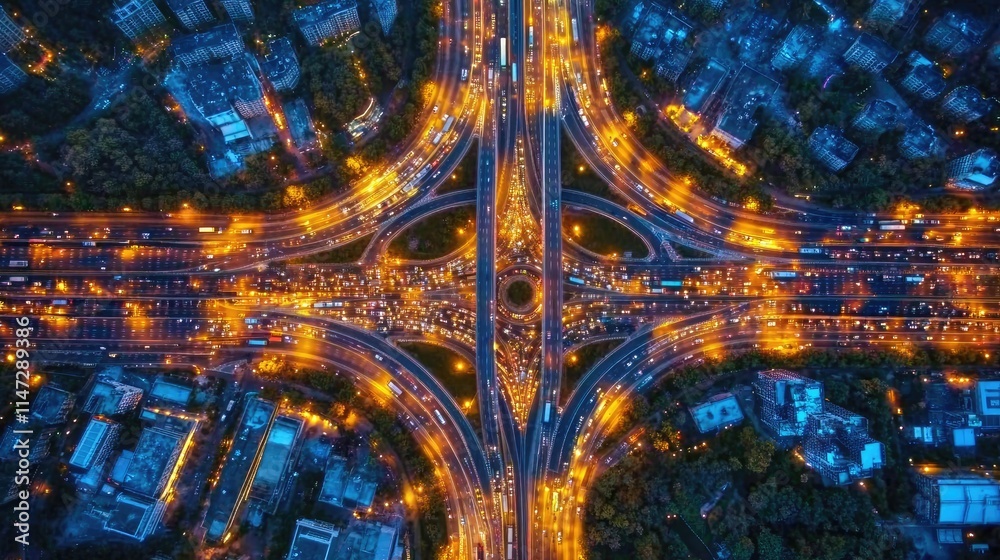 Aufkleber an intricate highway intersection captured from above at night, with illuminated roads and vehicles 