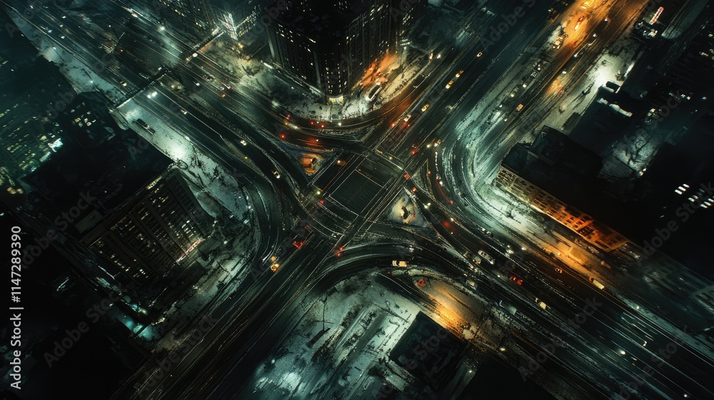 Aufkleber An intricate highway intersection captured from above at night, with illuminated roads and vehicles creating a dynamic scene of urban transportation