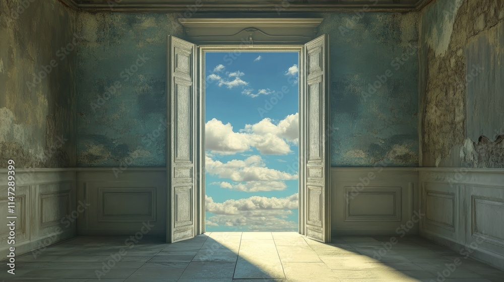 Poster An open door standing in a peaceful, empty room, framing a breathtaking view of the sky and clouds, offering a sense of limitless freedom and openness
