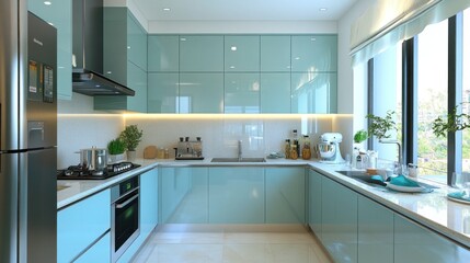 Modern L Shaped Kitchen Design With Teal Cabinets