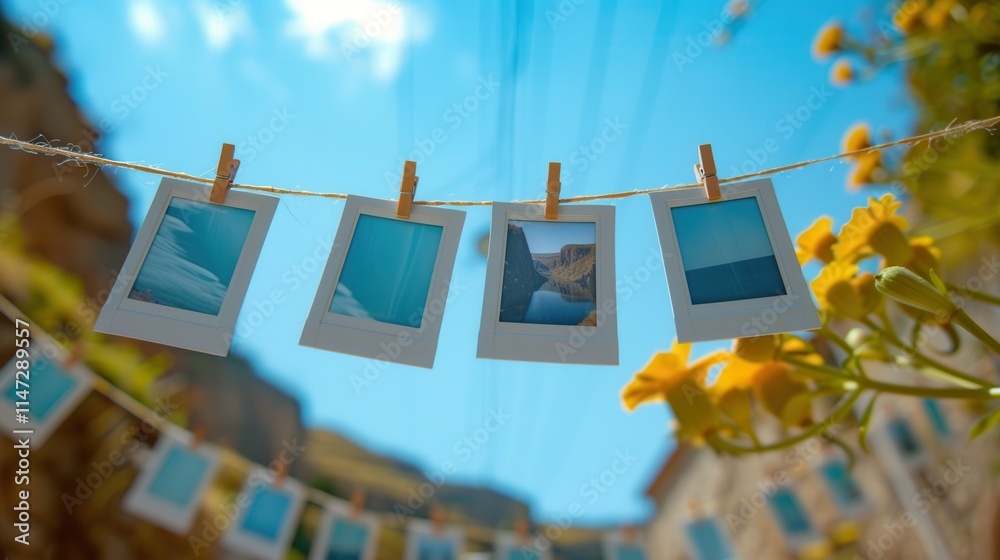Poster polaroid photos displayed on string with clothespins against bright blue sky and flowers in vibrant 
