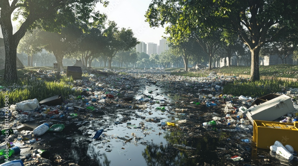 Poster concept of pollution with overflowing trash and plastic waste in a park, highlighting the damage cau