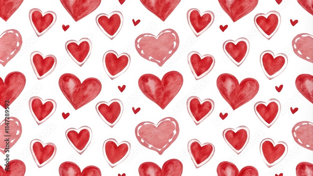 Aufkleber A delicate watercolor pattern of red hearts in various sizes, creating a romantic and whimsical design.