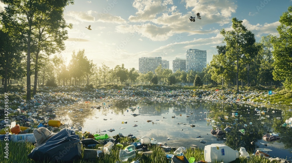 Poster concept of pollution with overflowing trash and plastic waste in a park, highlighting the damage cau