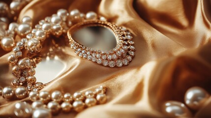 Close-up shot of golden bijouterie placed on soft brown fabric, with a mirror highlighting the fine details and elegance of the jewelry in a luxurious setup