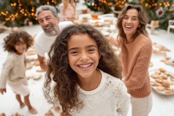 Fototapeta premium Portrait of a cheerful smiling girl with family celebrating christmas holidays at home, having fun and enjoying christmas eve together