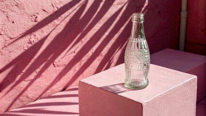 A single, empty glass bottle stands on a pink concrete platform, bathed in the soft, dappled light cast by the shadow of palm leaves on the wall.